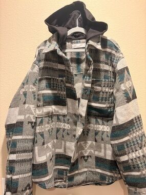 Zara Teal, Gray & Black Hooded Patterned Shacket with removable hood